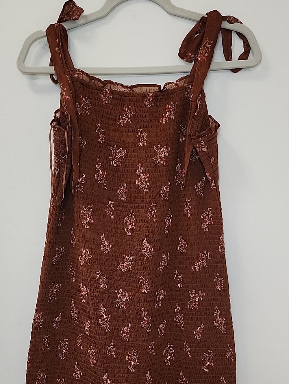 Abercrombie&Fitch Tie-Strap Smocked Mid Dress Chocolate brown floral print Sz XL - Picture 5 of 16